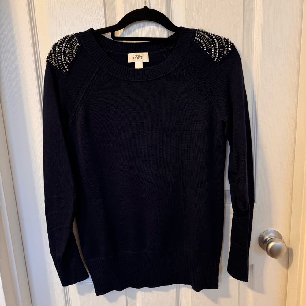 Ann Taylor LOFT Wool Blend Womens Sz M Navy Blue Beaded Shoulders Sweater
